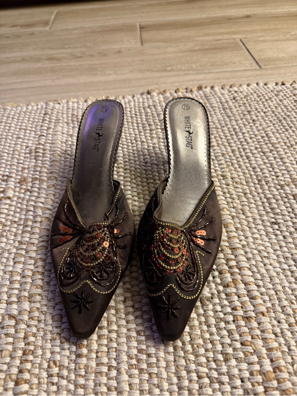 White Stag Brown Embellished Pointed Mules